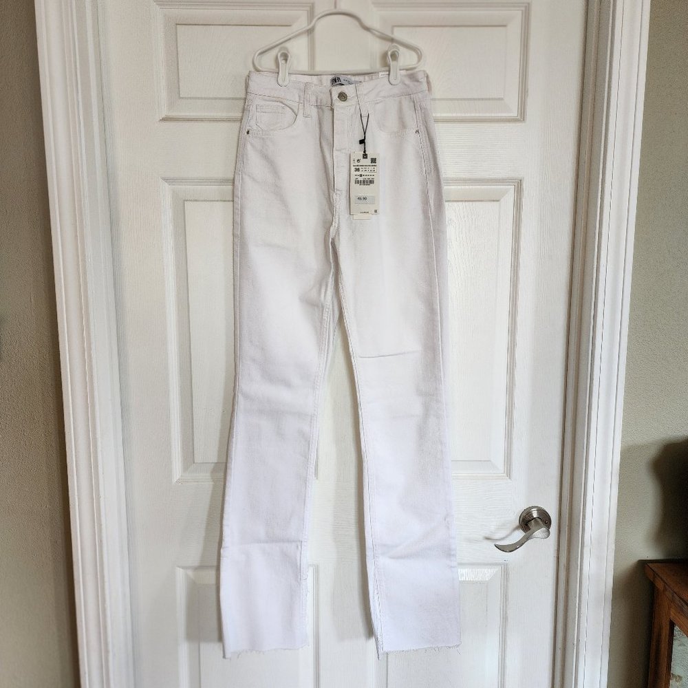 Zara White High Rise Slim Flare Denim Jeans